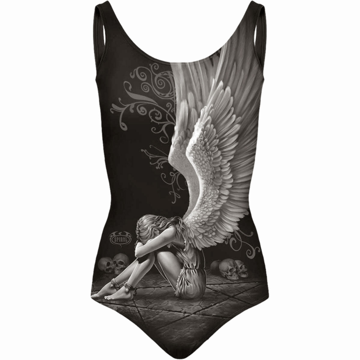 Male model wearing Enslaved Angel gothic Women's Allover Scoop Back Padded Swimsuit in Black by Spiral Clothing