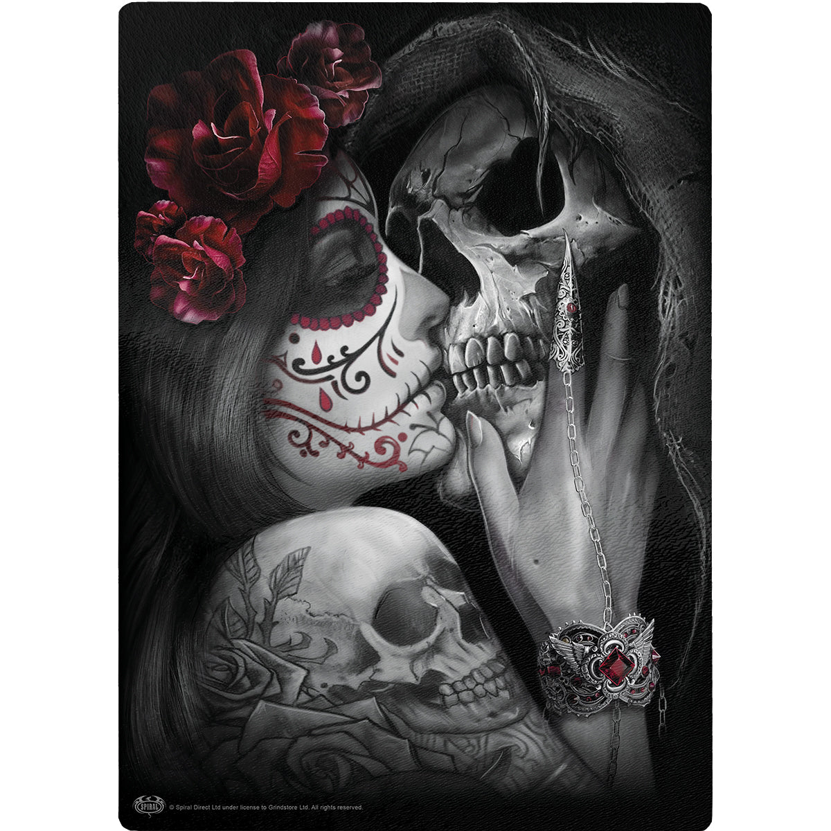 Male model wearing Dead Kiss gothic  Glass Chopping Board (Rectangular) in Black by Spiral Clothing