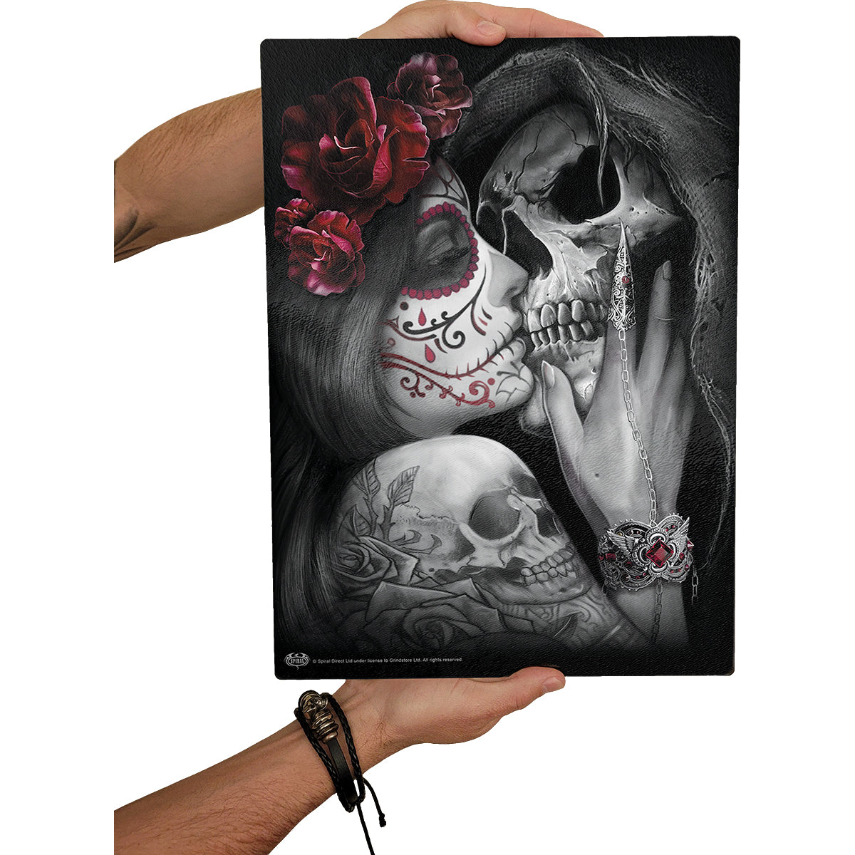 Male model wearing Dead Kiss gothic  Glass Chopping Board (Rectangular) in Black by Spiral Clothing