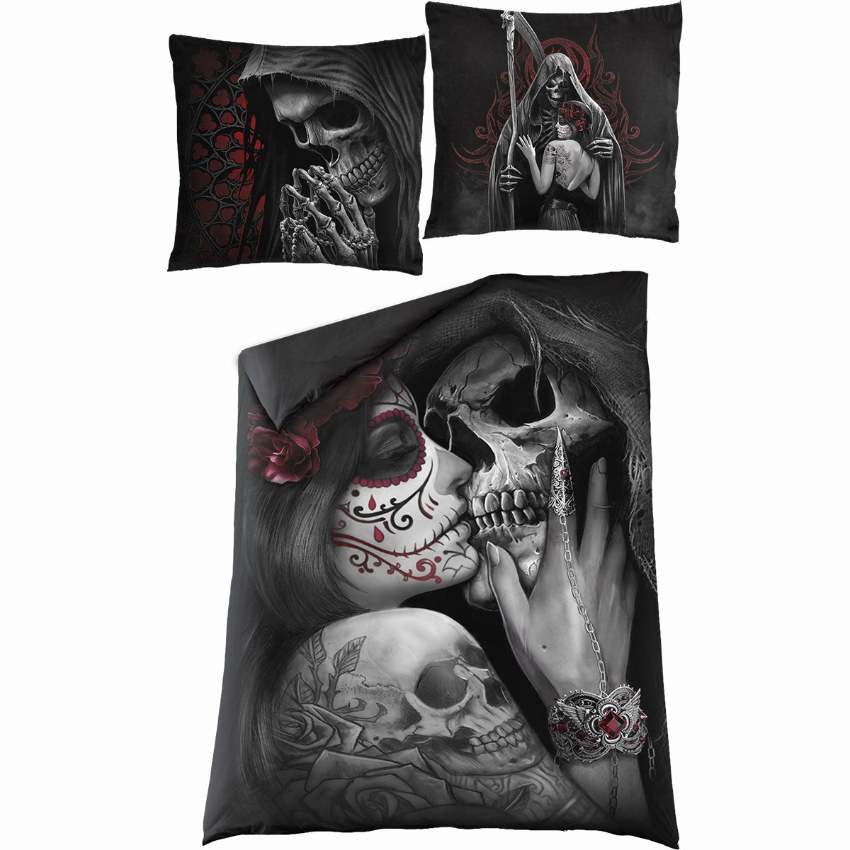 Dead Kiss gothic Single Duvet Cover + UK And EU Pillow case in Black by Spiral Clothing 
