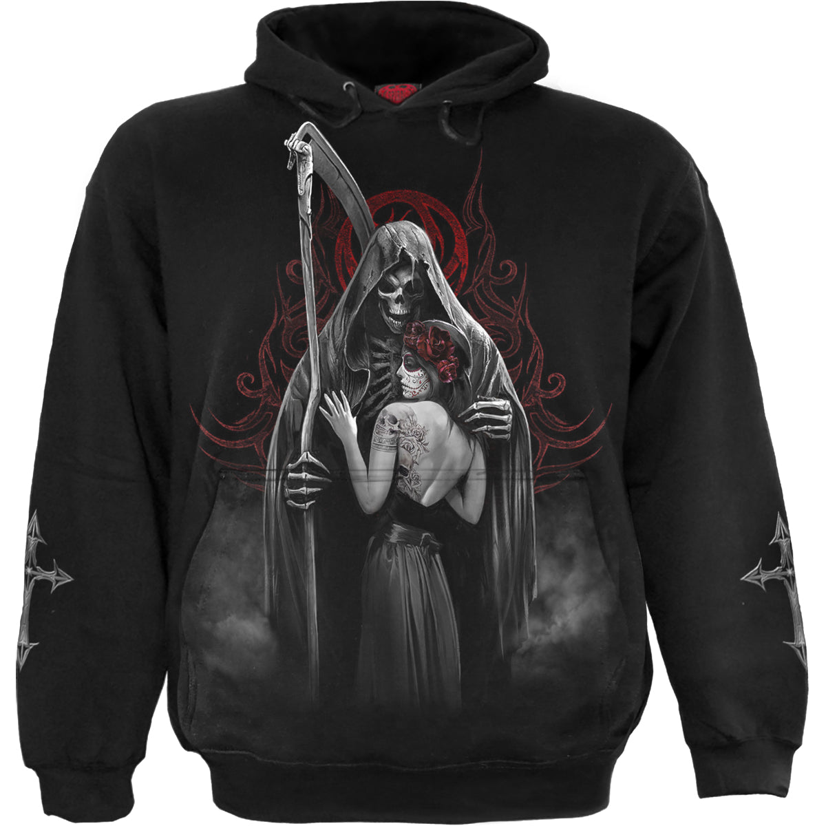 Male model wearing Dead Kiss gothic Men's Hoody in Black by Spiral Clothing