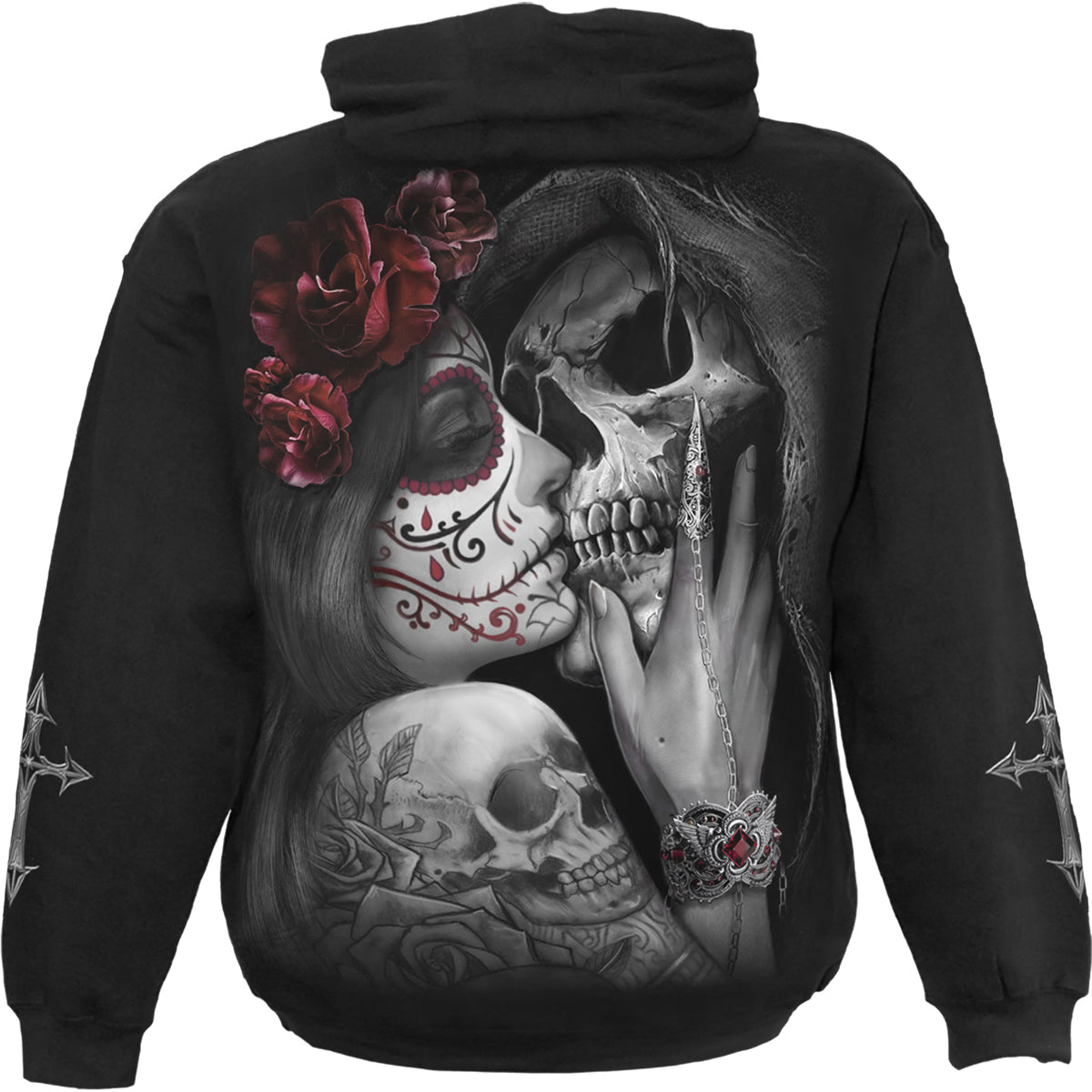 Male model wearing Dead Kiss gothic  Hoody in Black by Spiral Clothing