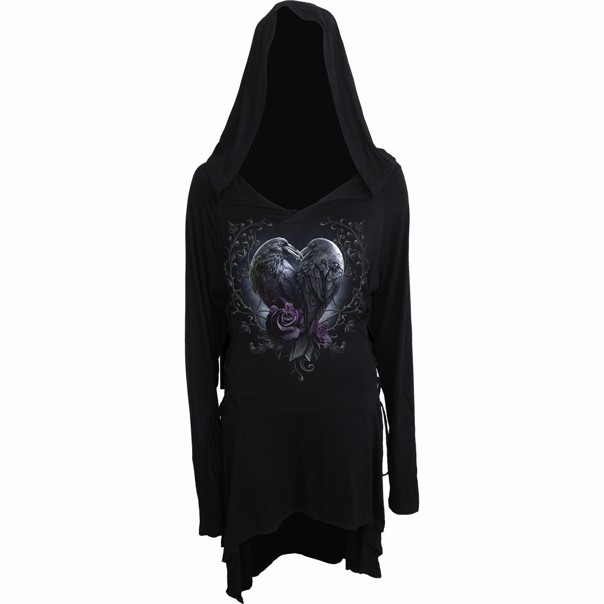 Raven Heart gothic Black Widow Gothic Hooded Dress in Black by Spiral Clothing - Front view