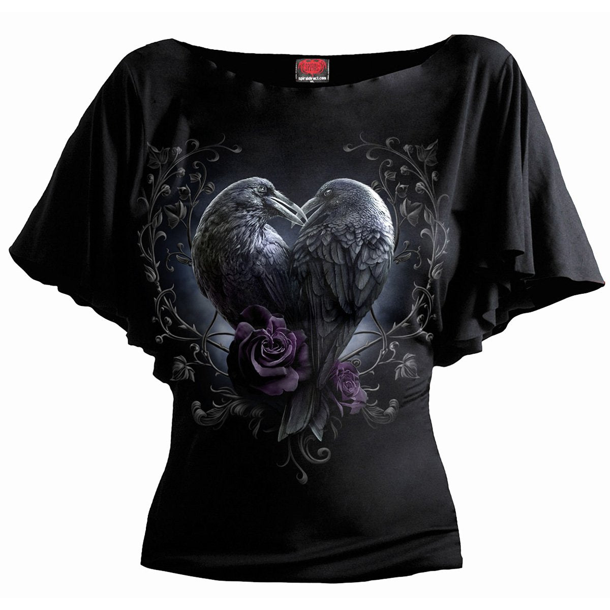 Raven Heart gothic Boat Neck Bat Sleeve Top in Black by Spiral Clothing 