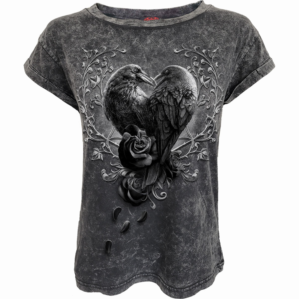 Raven Heart gothic Acid Wash Turnup Sleeve in Black by Spiral Clothing - Front view