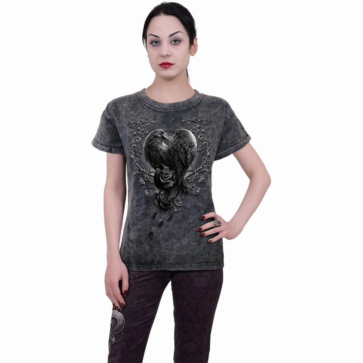 Raven Heart gothic Acid Wash Turnup Sleeve in Black by Spiral Clothing worn by a women