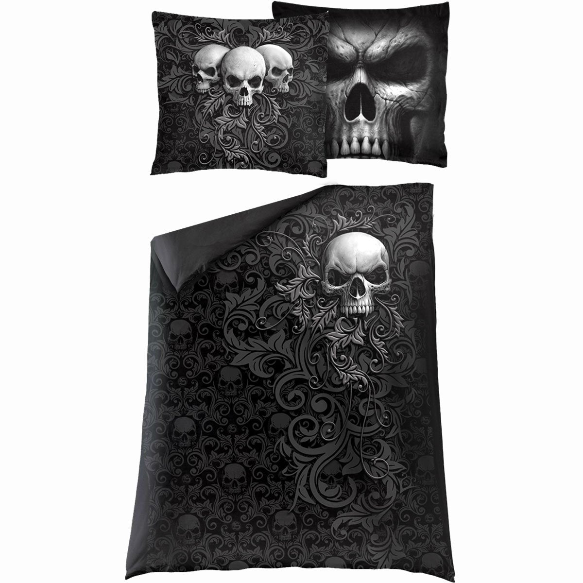Skull Scroll gothic Single Duvet Cover + UK And EU Pillow case in Black by Spiral Clothing 