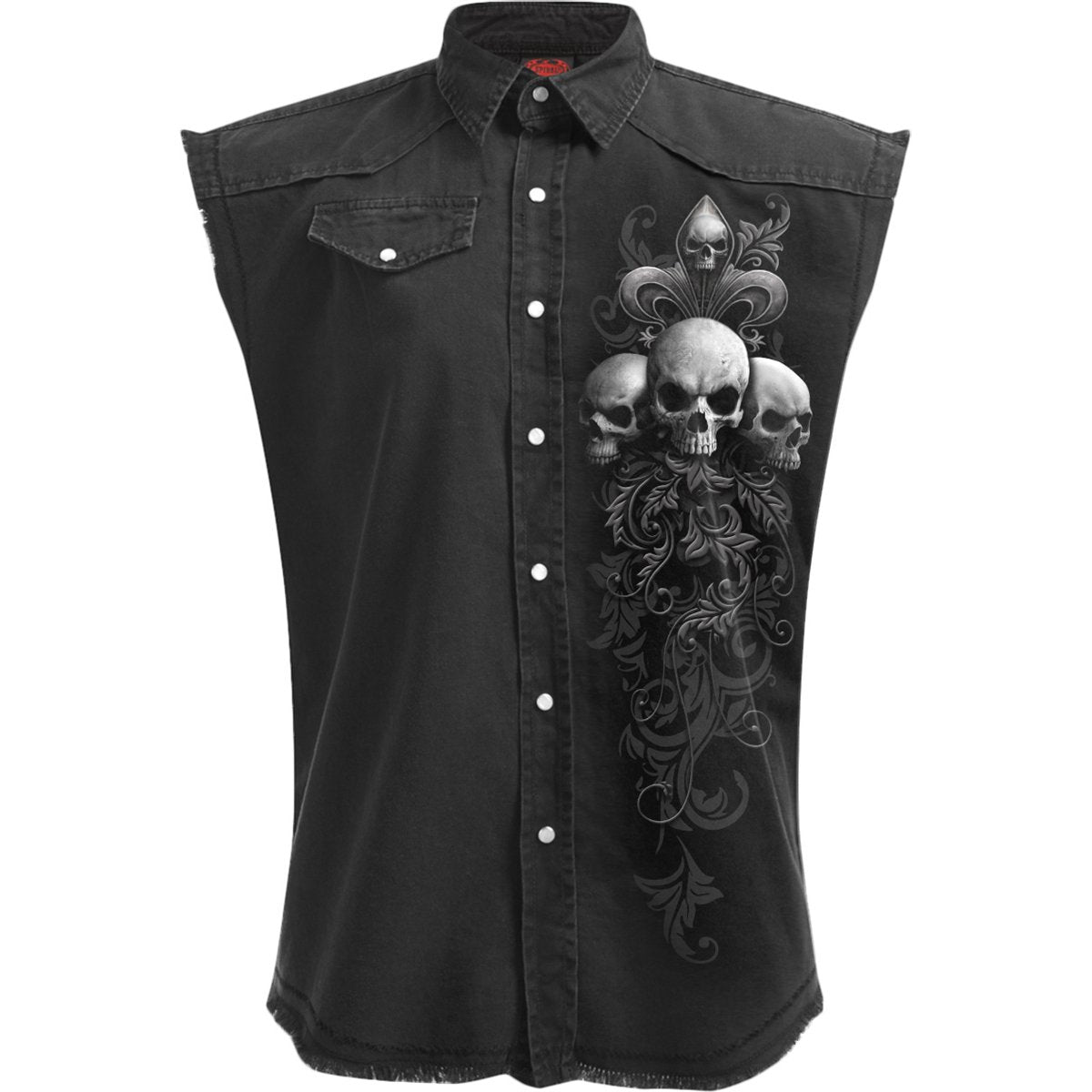 Skull Scroll gothic Men's Sleeveless Stone Washed Worker Shirt in Black by Spiral Clothing 