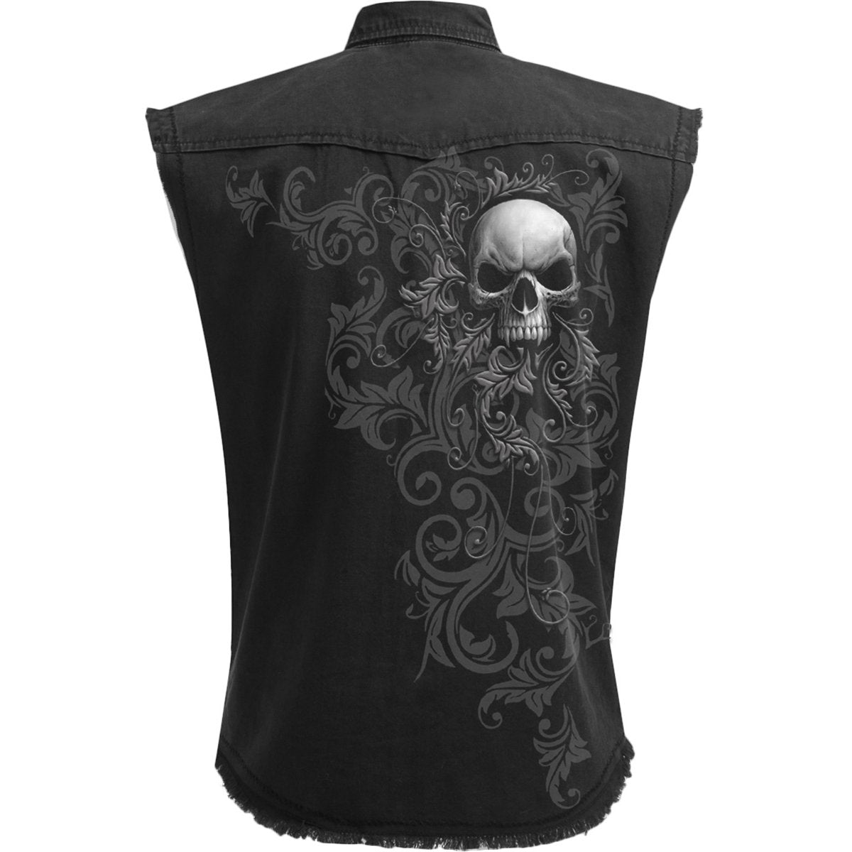 Skull Scroll gothic  Sleeveless Stone Washed Worker Shirt in Black by Spiral Clothing 