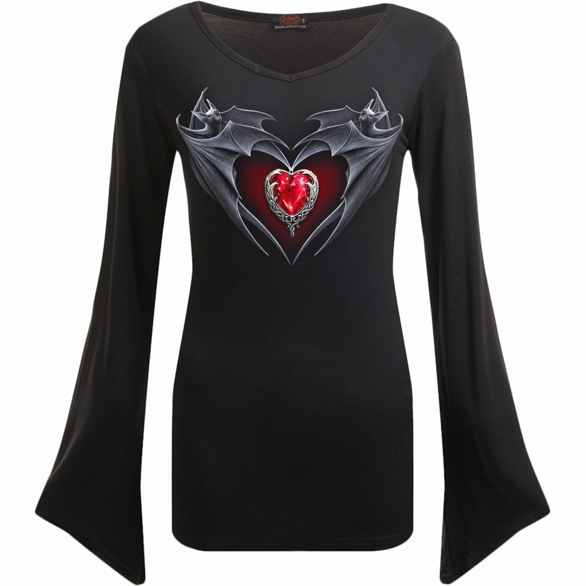 Bat's Heart gothic V Neck Goth Sleeve Top in Black by Spiral Clothing - Front view