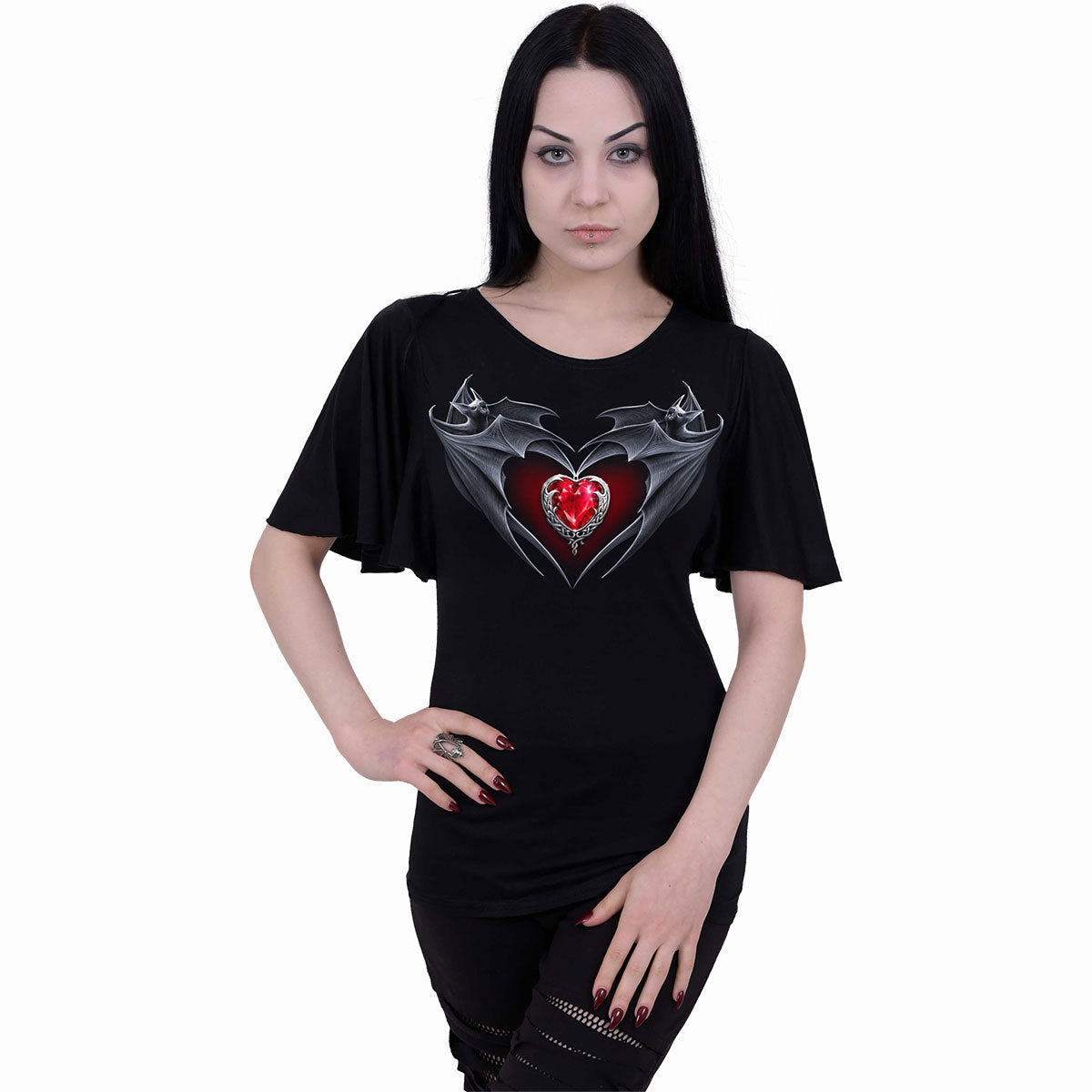 Bat's Heart gothic Boat Neck Bat Sleeve Top in Black by Spiral Clothing worn by a women