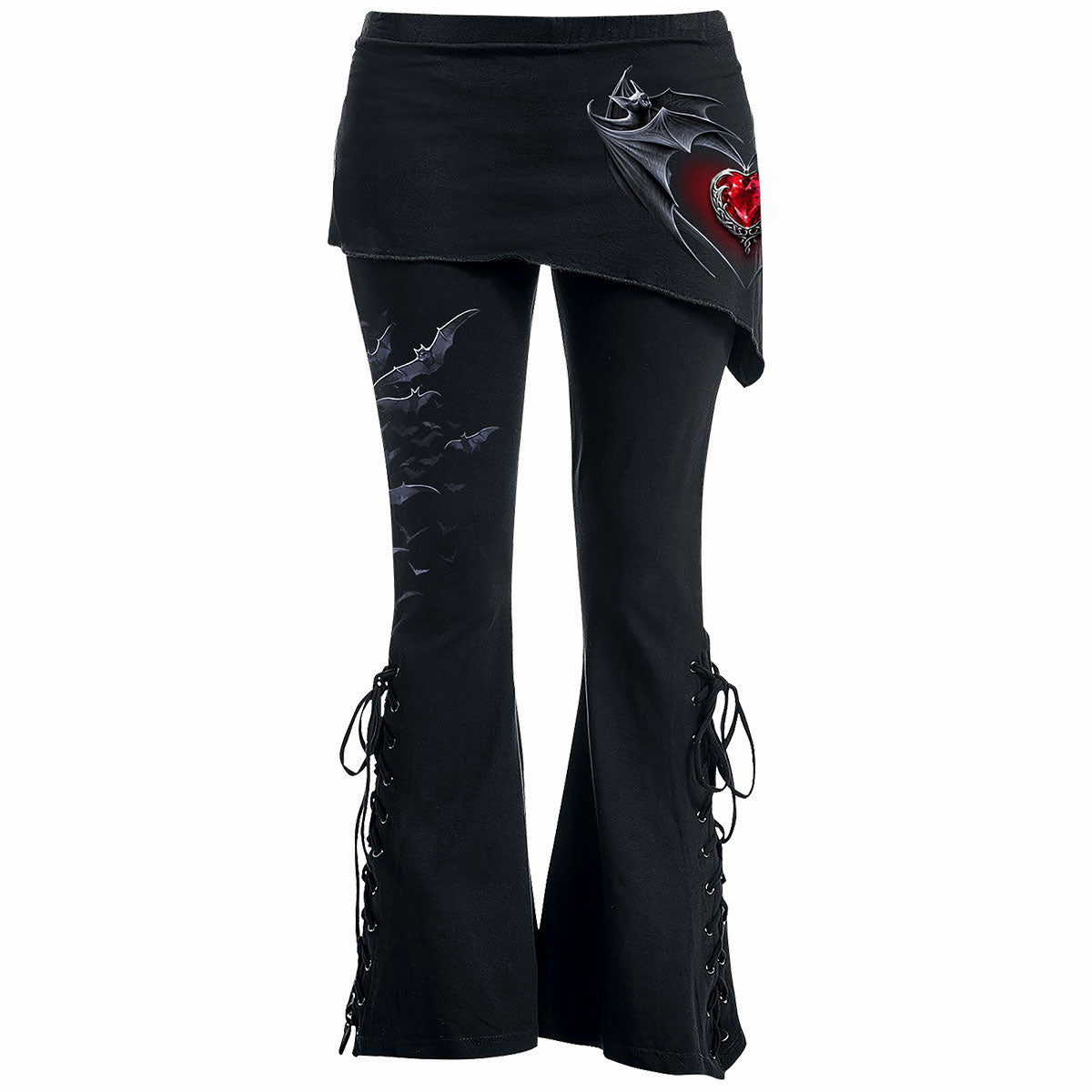 Bat's Heart gothic Women's 2in1 Boot-Cut Leggings with Micro Slant Skirt in Black by Spiral Clothing - Front view