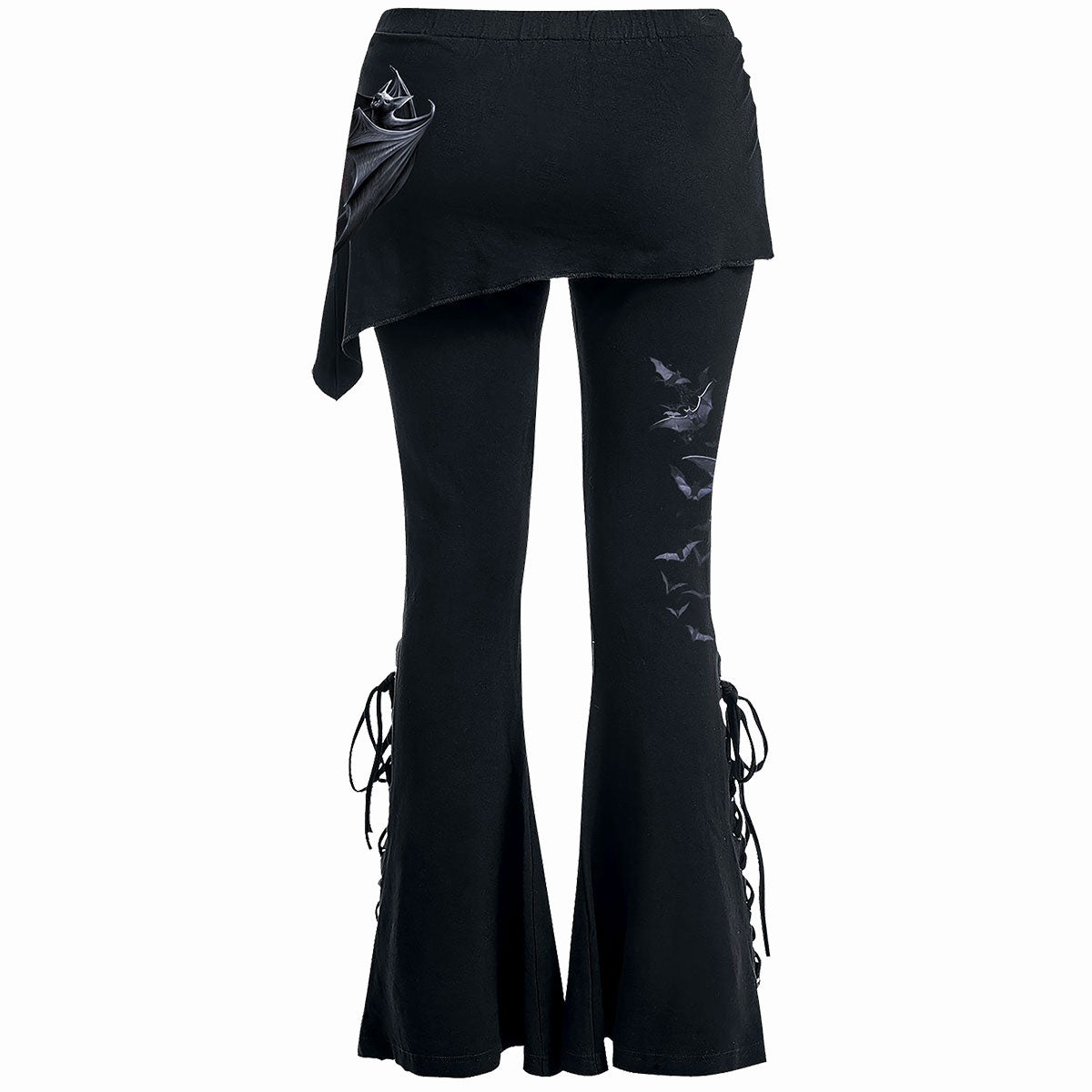 Back view of Bat's Heart gothic  2in1 Boot-Cut Leggings with Micro Slant Skirt in Black by Spiral Clothing