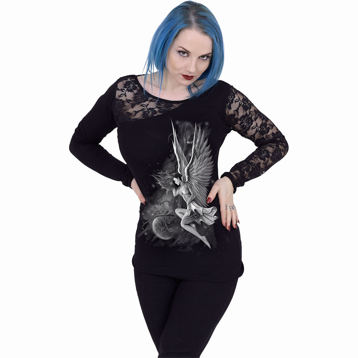 Lucid Dreams gothic Lace One-Shoulder Long Sleeve Top in Black by Spiral Clothing worn by a women