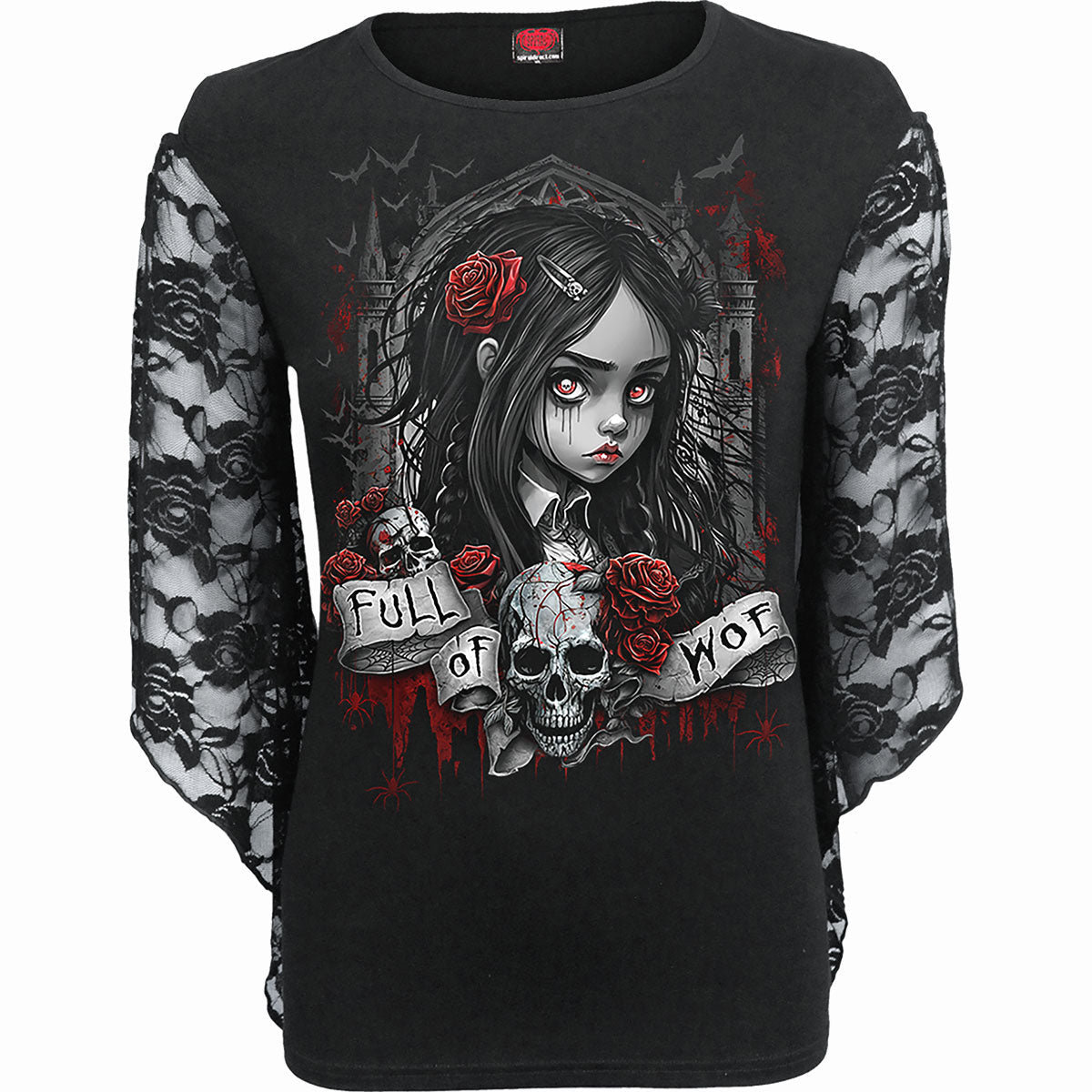 Full Of Woe gothic Women's Rose Lace Sleeve Top in Black by Spiral Clothing - Front view