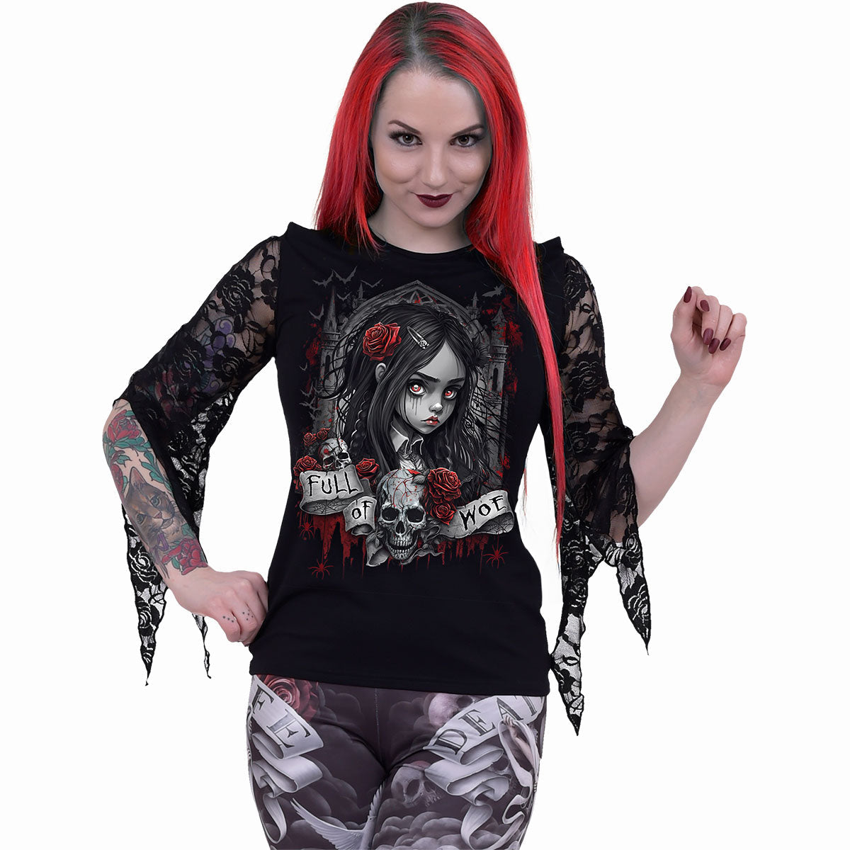 Female model wearing Full Of Woe gothic  Rose Lace Sleeve Top in Black by Spiral Clothing