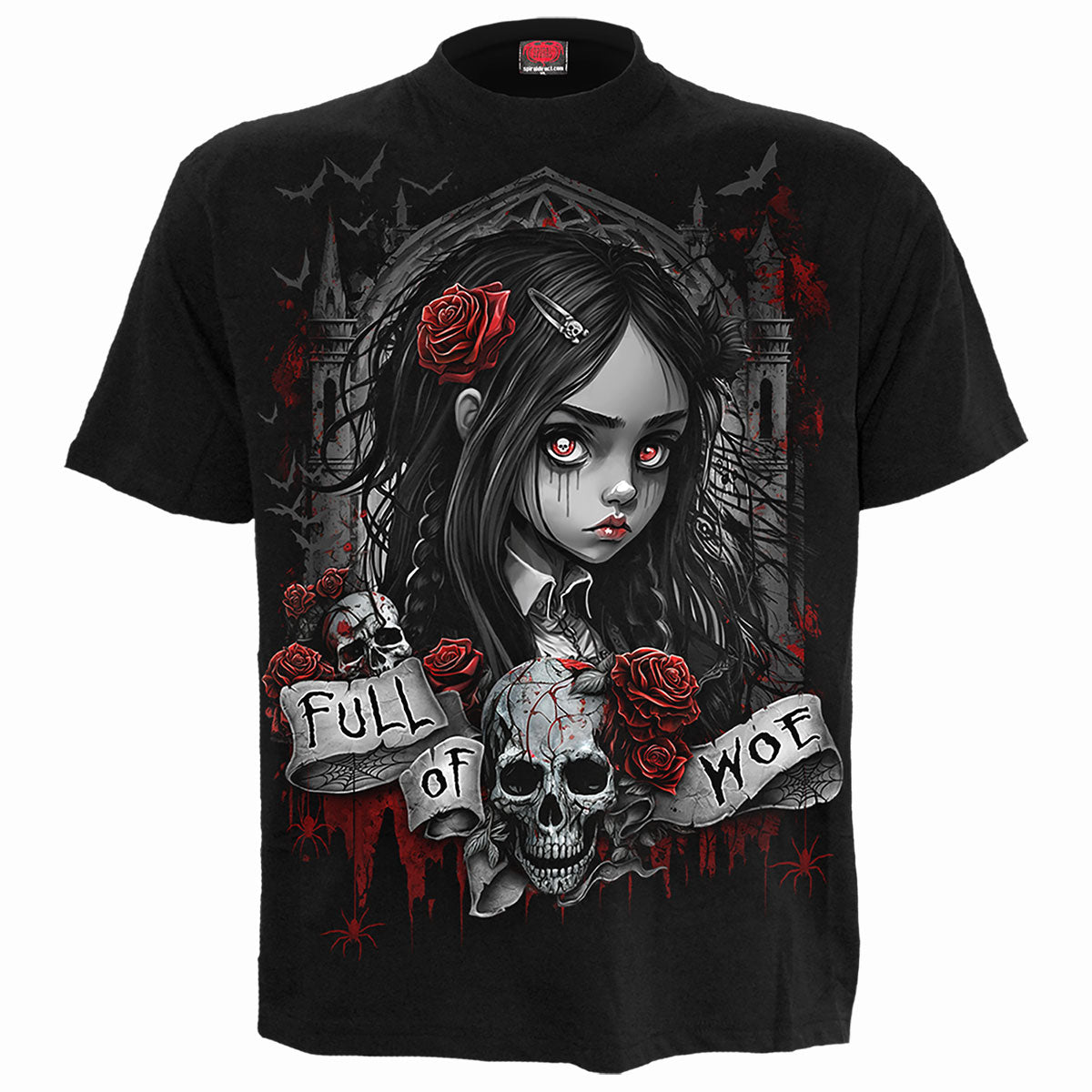 Full Of Woe gothic Front Print T-Shirt in Black by Spiral Clothing - Front view