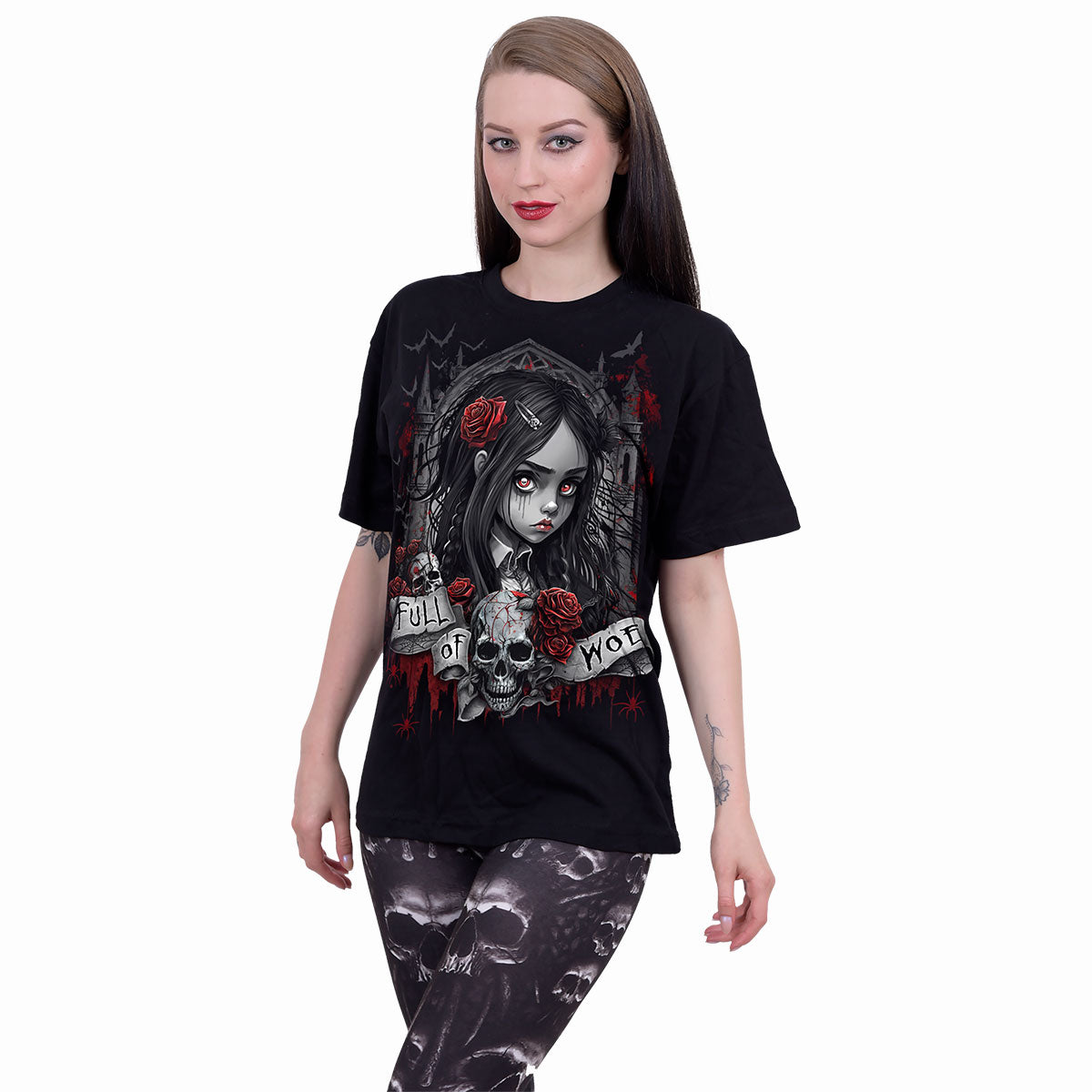 Full Of Woe gothic Front Print T-Shirt in Black by Spiral Clothing worn by a women