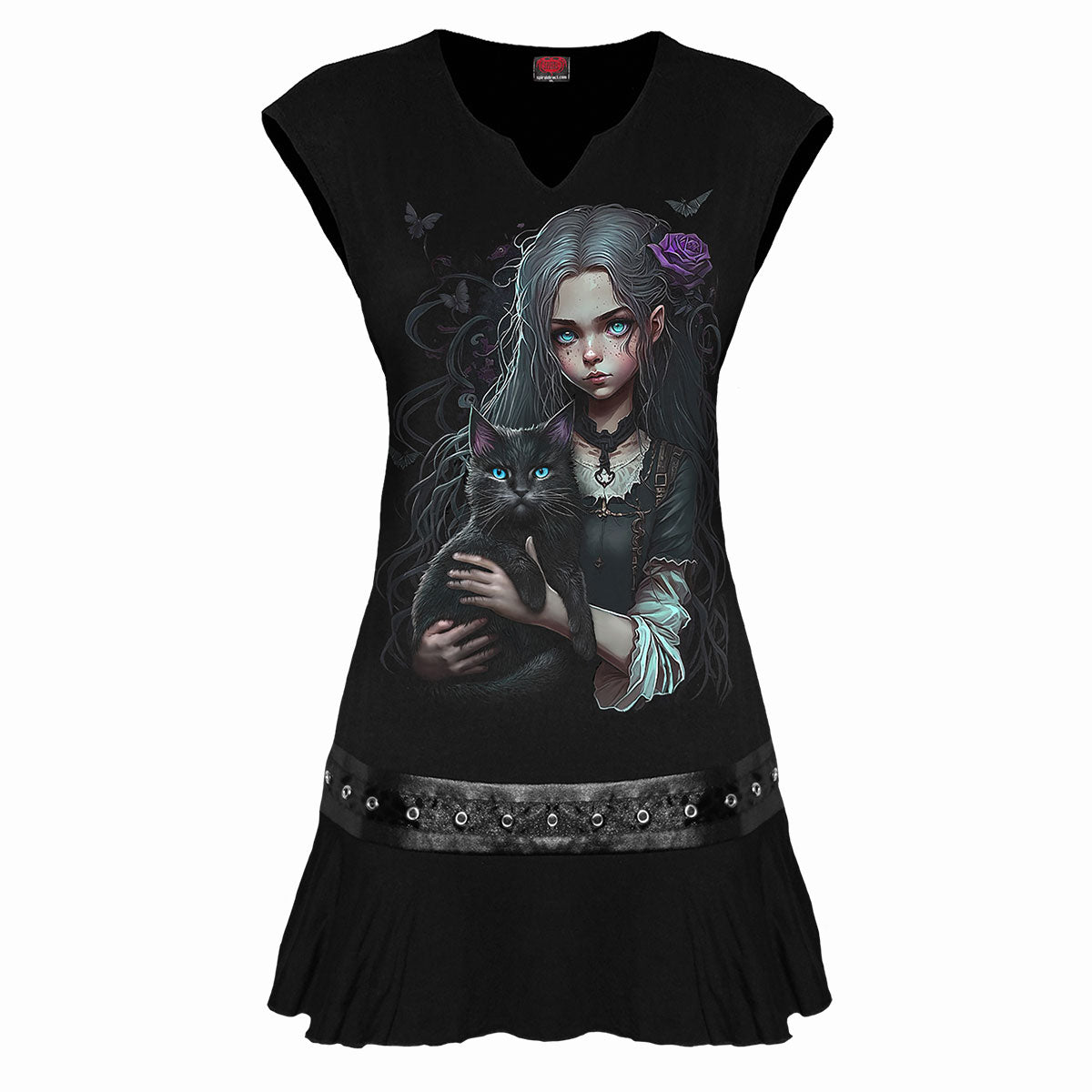 Goth Familiar gothic Stud Waist Mini Dress in Black by Spiral Clothing - Front view