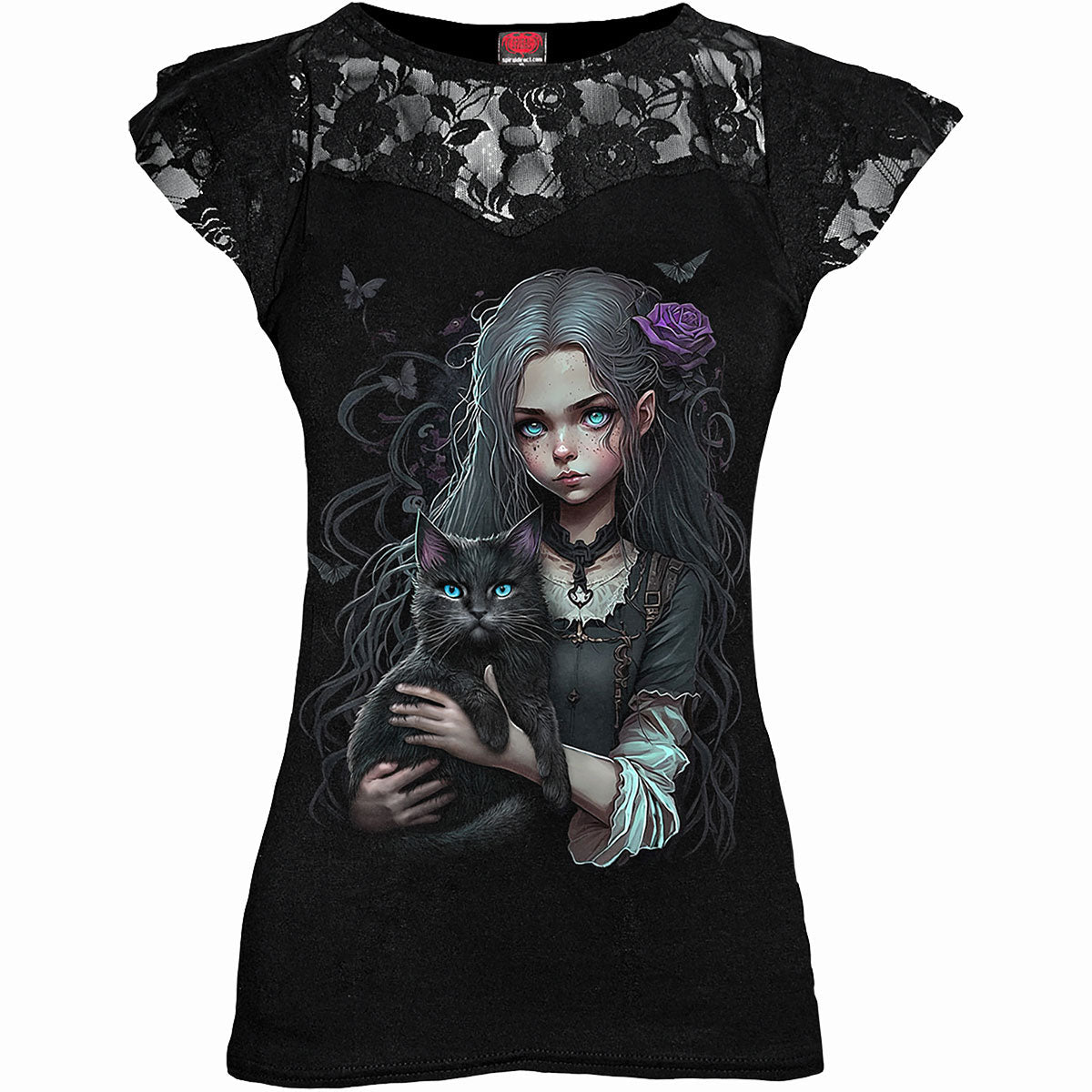 Goth Familiar gothic Lace Layered Cap Sleeve Top in Black by Spiral Clothing - Front view