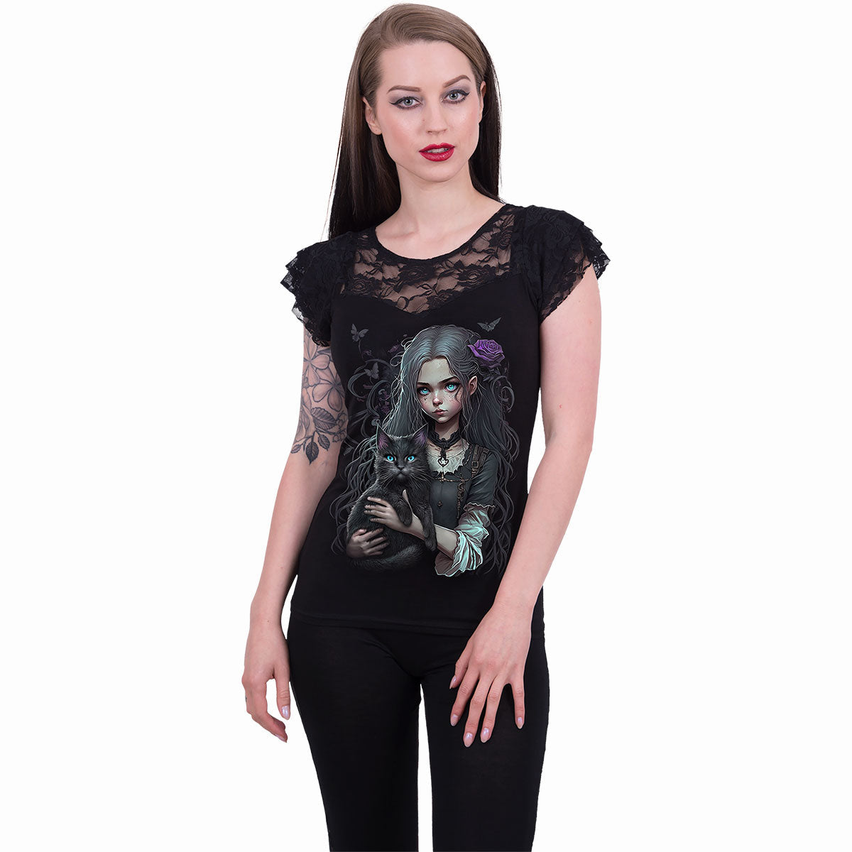 Goth Familiar gothic Lace Layered Cap Sleeve Top in Black by Spiral Clothing worn by a women