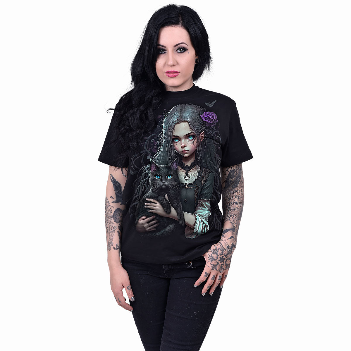 Male model wearing Goth Familiar gothic Front Print T-Shirt in Black by Spiral Clothing