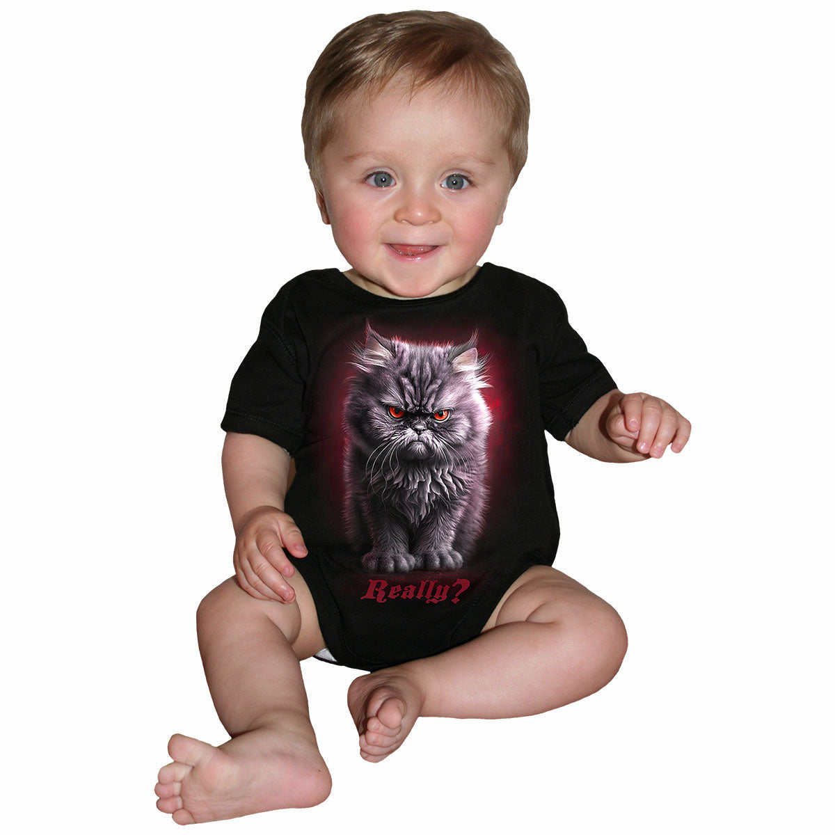 Anger Management gothic Baby Sleepsuit in Black by Spiral Clothing worn by a baby