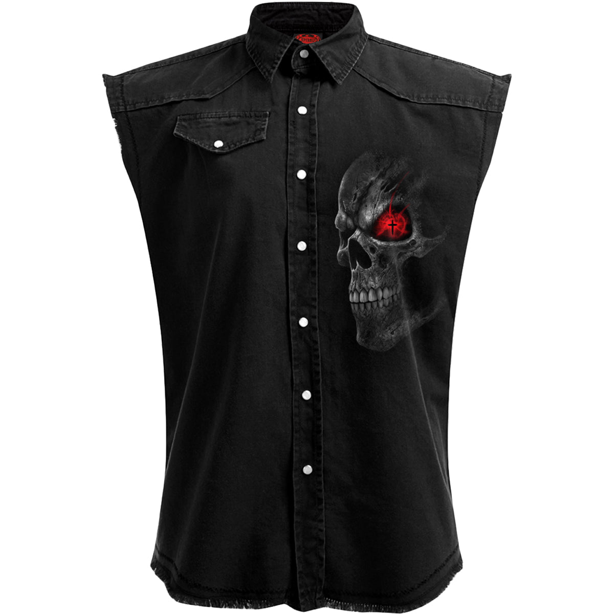 Death Stare gothic Men's Sleeveless Stone Washed Worker Shirt in Black by Spiral Clothing - Front view