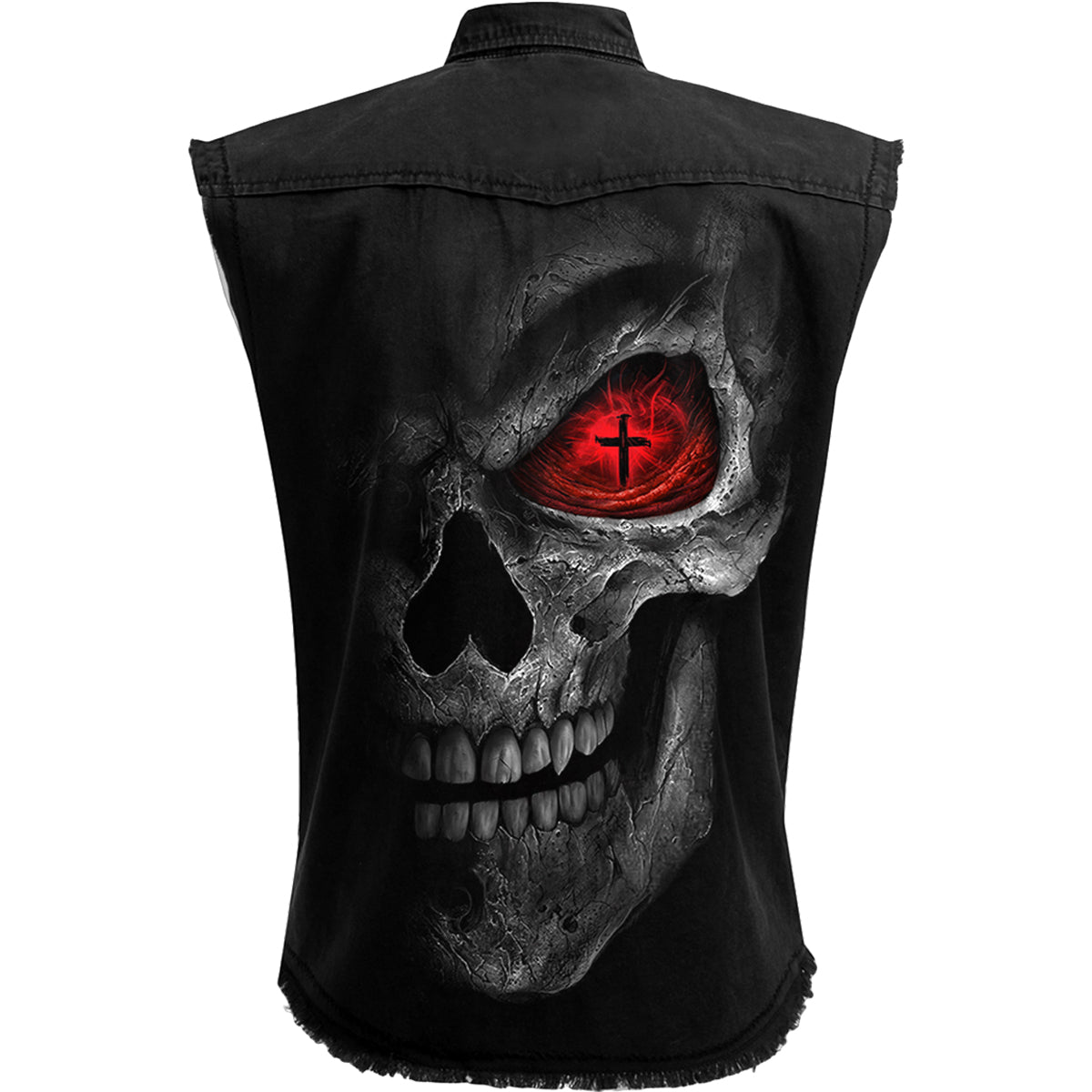 Back view of Death Stare gothic  Sleeveless Stone Washed Worker Shirt in Black by Spiral Clothing