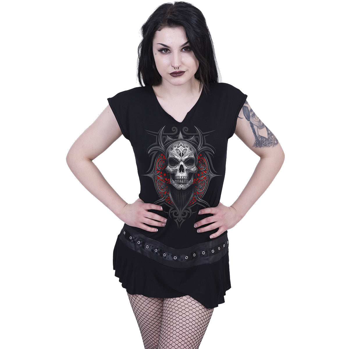 Female model wearing High Priestess gothic Stud Waist Mini Dress in Black by Spiral Clothing