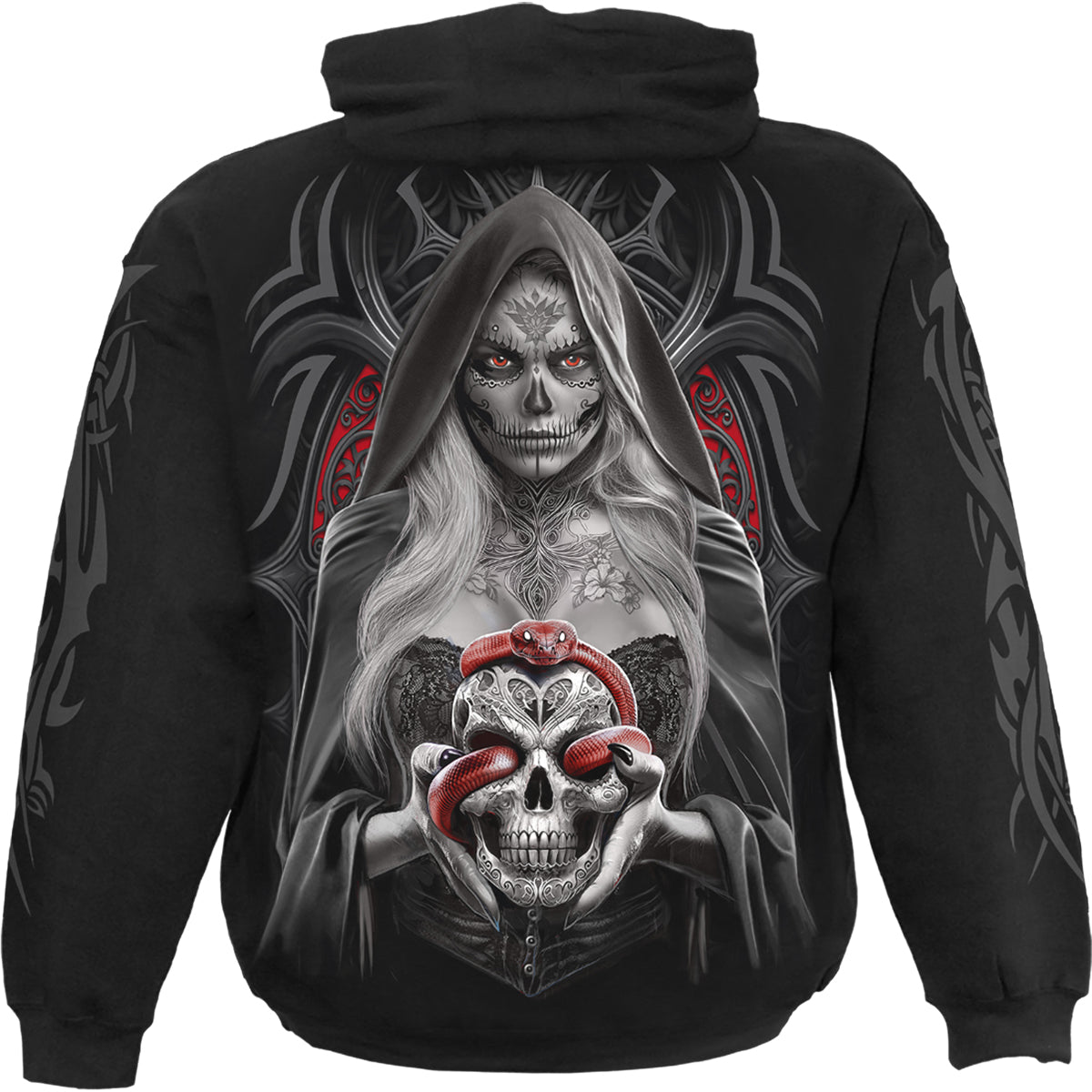 Back view of High Priestess gothic Hoody in Black by Spiral Clothing