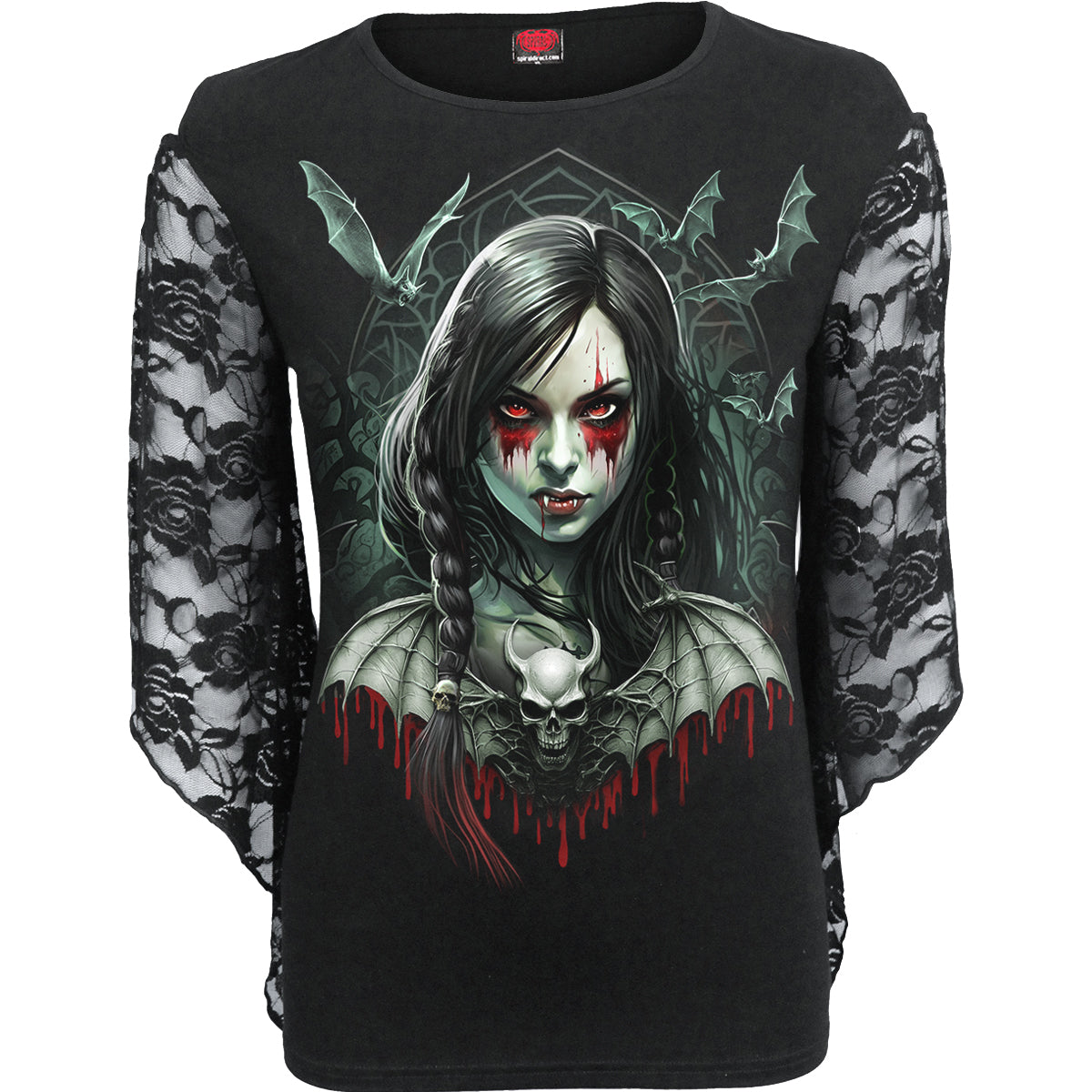 Hallow's Eve gothic Women's Rose Lace Sleeve Top in Black by Spiral Clothing - Front view