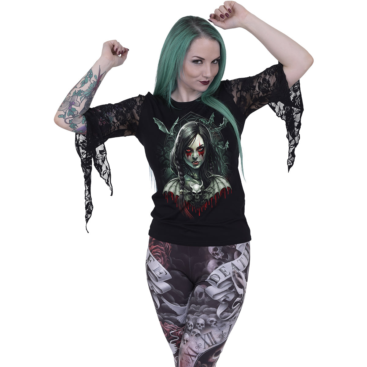 Hallow's Eve gothic  Rose Lace Sleeve Top in Black by Spiral Clothing worn by a women