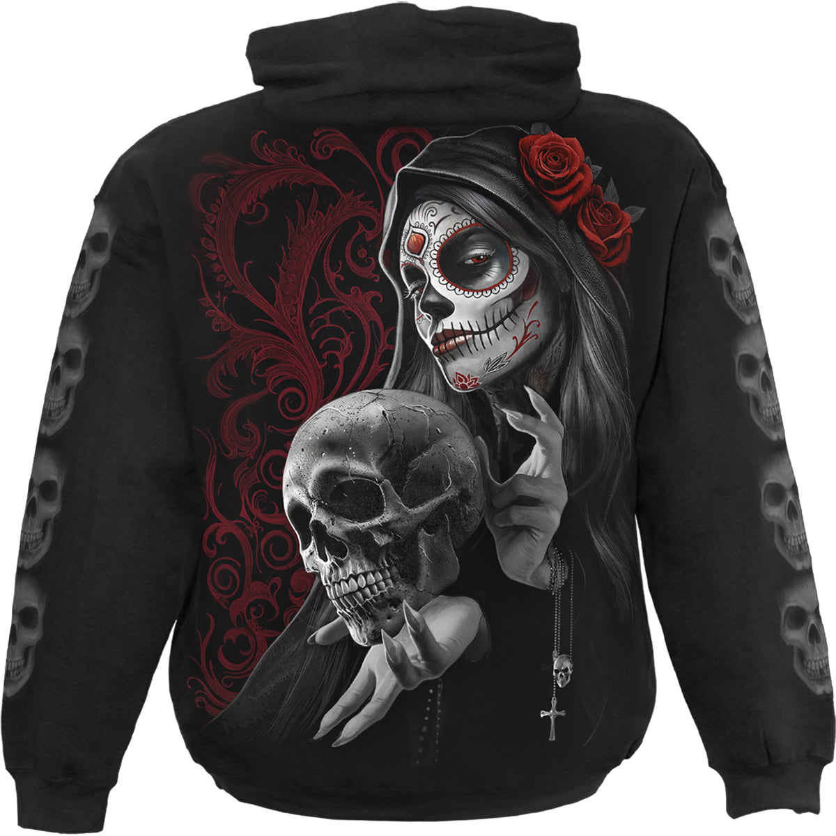 Back view of Love Is Dead gothic  Hoody in Black by Spiral Clothing