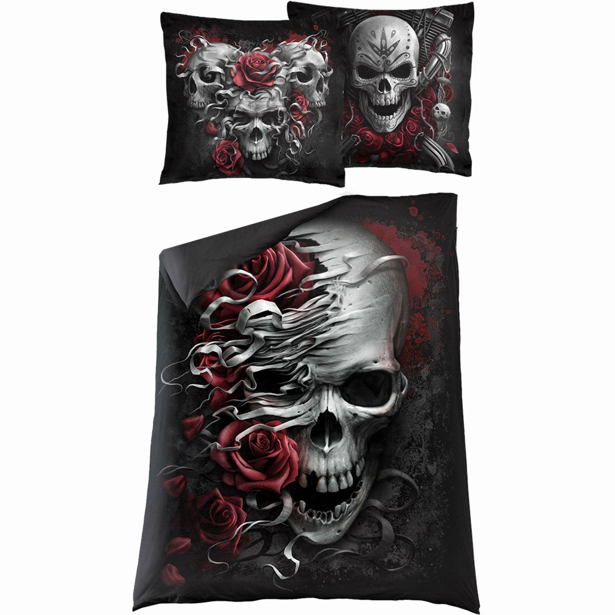 Skulls n' Roses gothic Single Duvet Cover + UK And EU Pillow case in Black by Spiral Clothing 