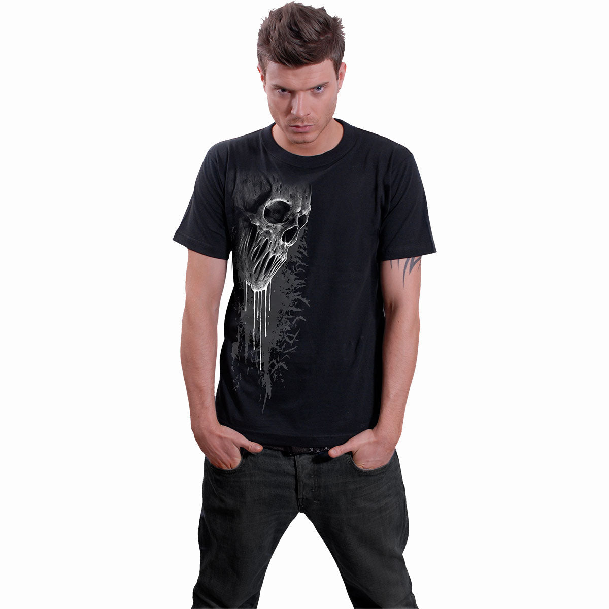 Male model wearing Bat Curse gothic Front Print T-Shirt in Black by Spiral Clothing