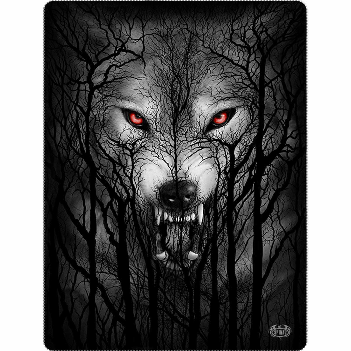 Forest Wolf gothic Fleece Blanket with Double Sided Print in White/Black by Spiral Clothing - Front view