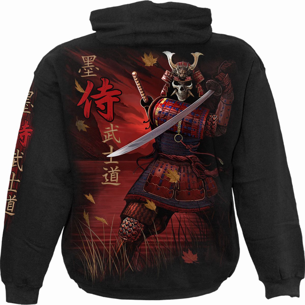 Back view of Samurai gothic  Hoody in Black by Spiral Clothing