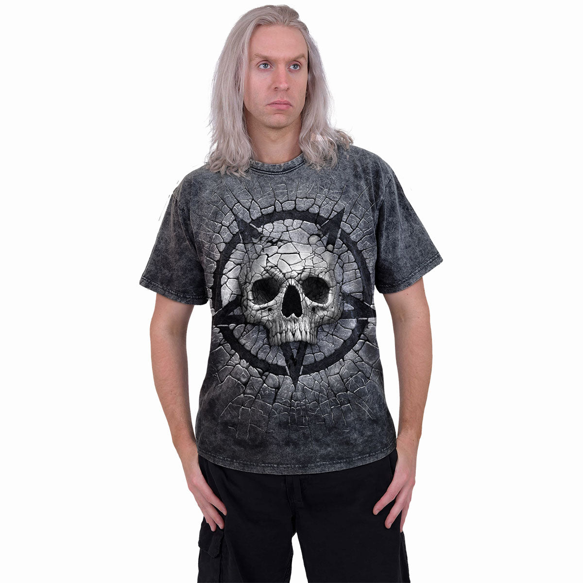Male model wearing Cracking Up gothic Acid Wash T-Shirt in Black by Spiral Clothing