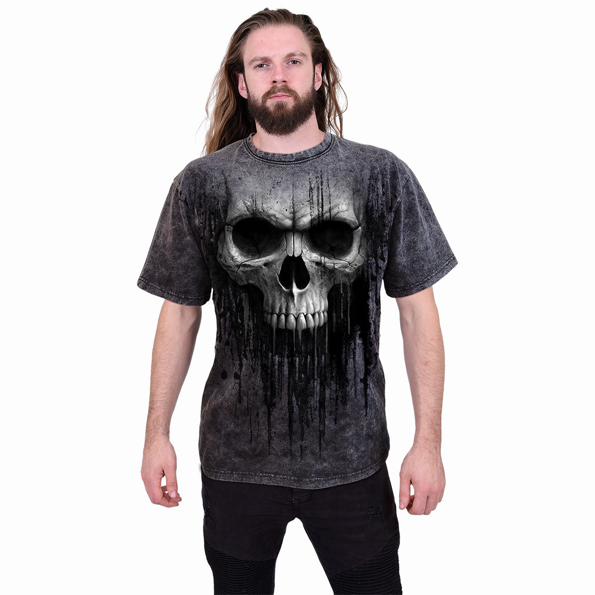 Male model wearing Acid Skull gothic Acid Wash T-Shirt in Black by Spiral Clothing