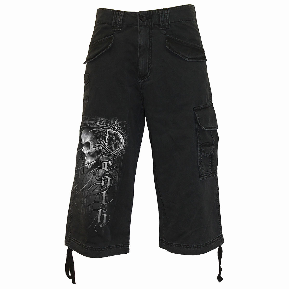 Death Forever gothic Men's Vintage Cargo Shorts 3/4 Long in Black by Spiral Clothing - Front view