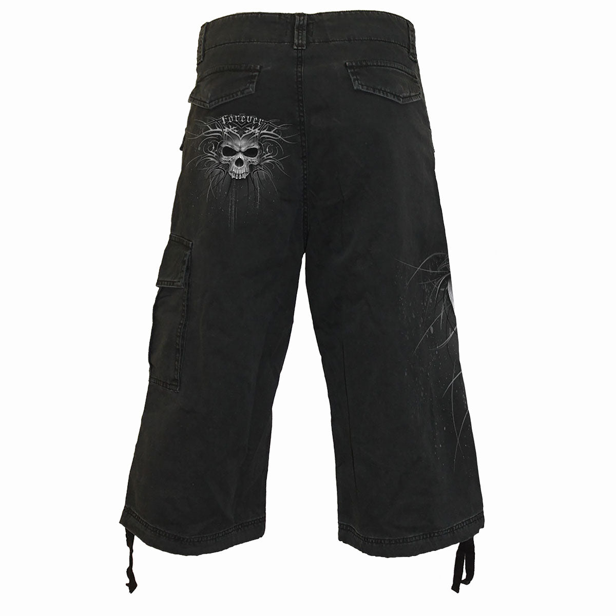 Back view of Death Forever gothic  Vintage Cargo Shorts 3/4 Long in Black by Spiral Clothing