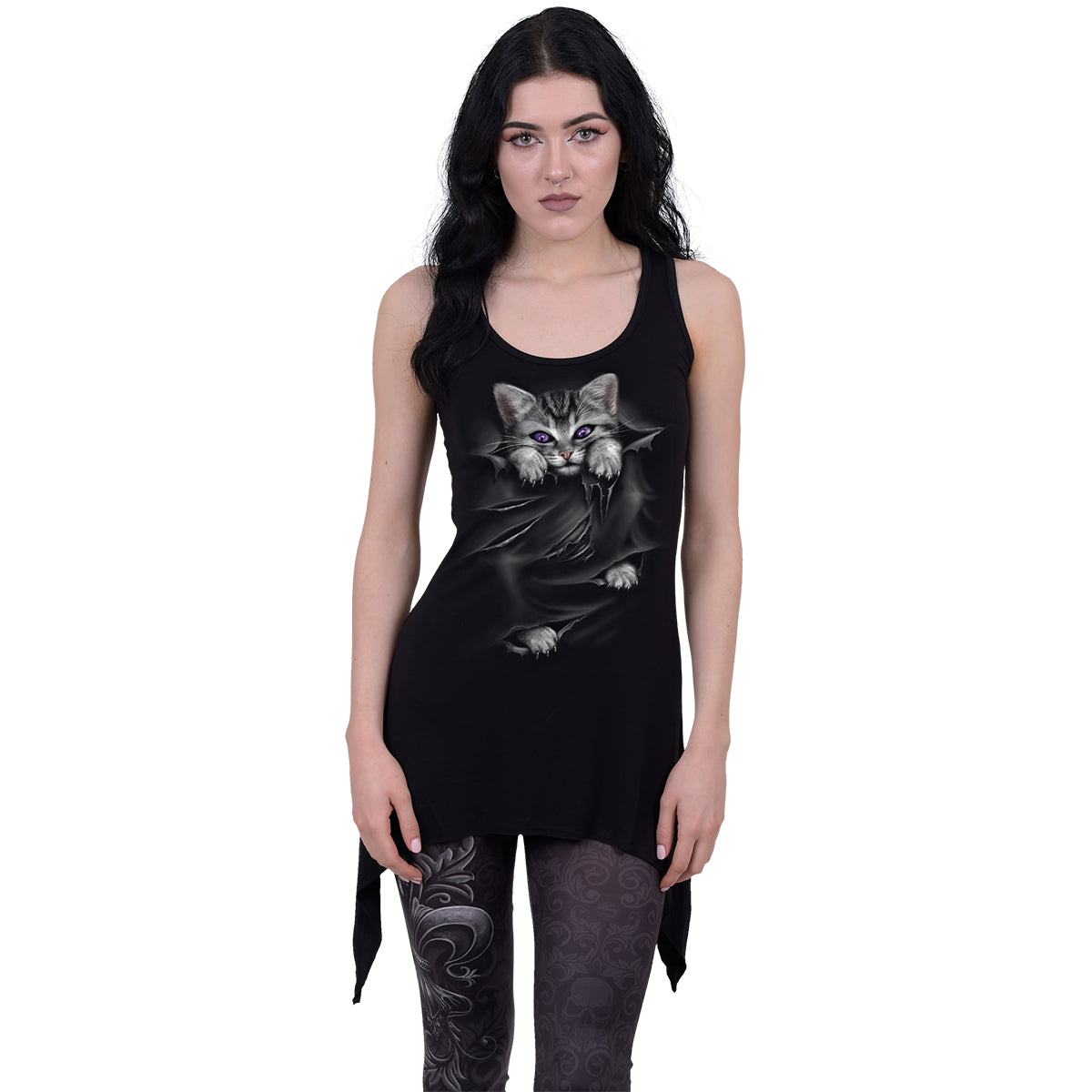 Male model wearing Bright Eyes gothic Goth Bottom Camisole Dress in Black by Spiral Clothing