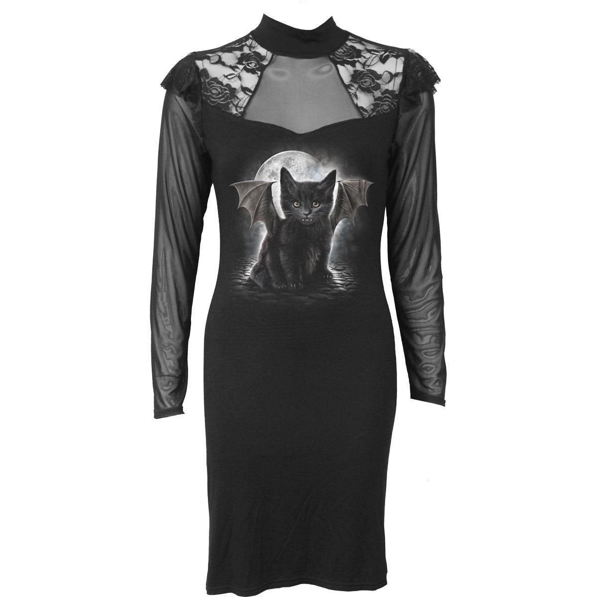 Bat Cat gothic Women's Lace Shoulder Corset Dress in Black by Spiral Clothing - Front view