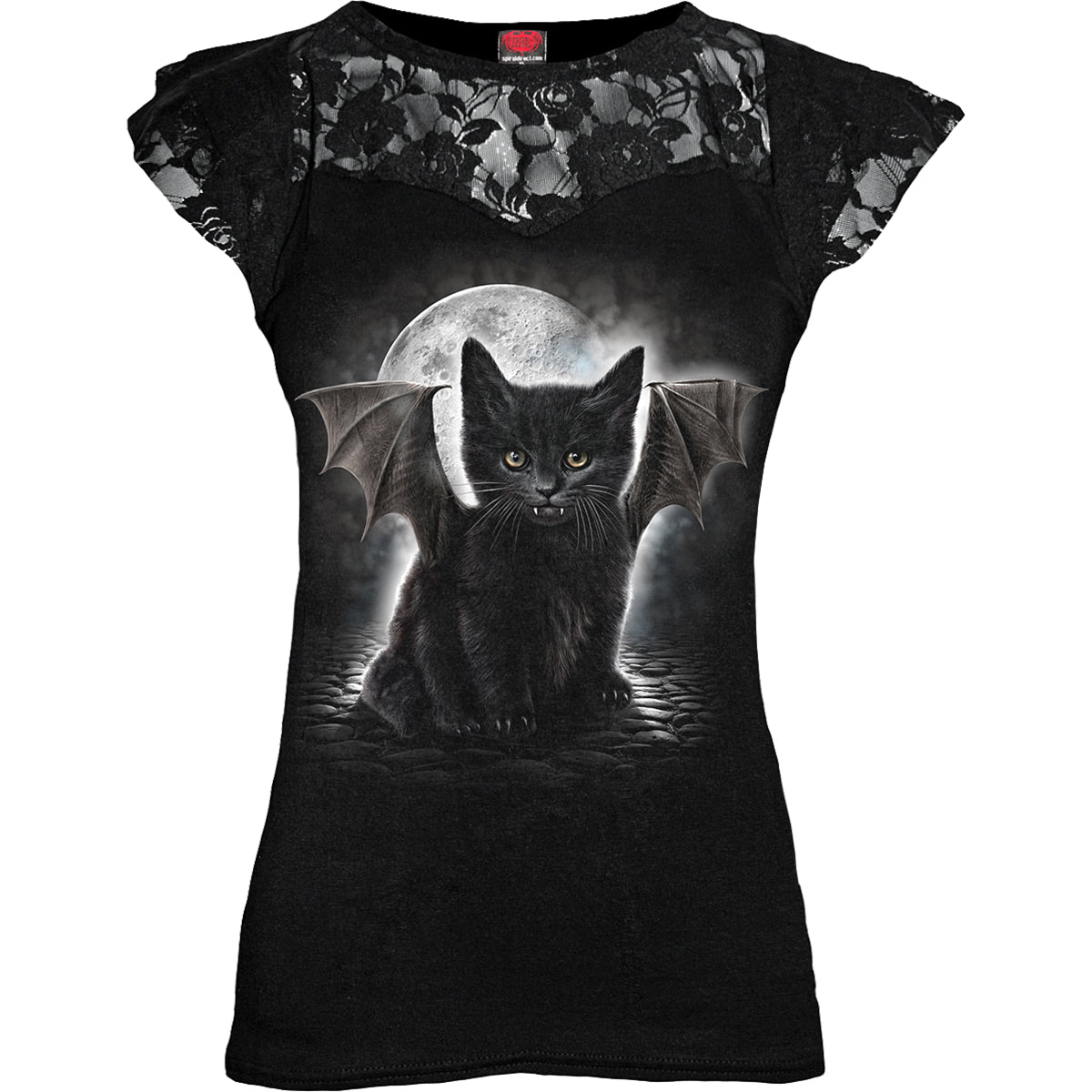 Bat Cat gothic Lace Layered Cap Sleeve Top in Black by Spiral Clothing - Front view