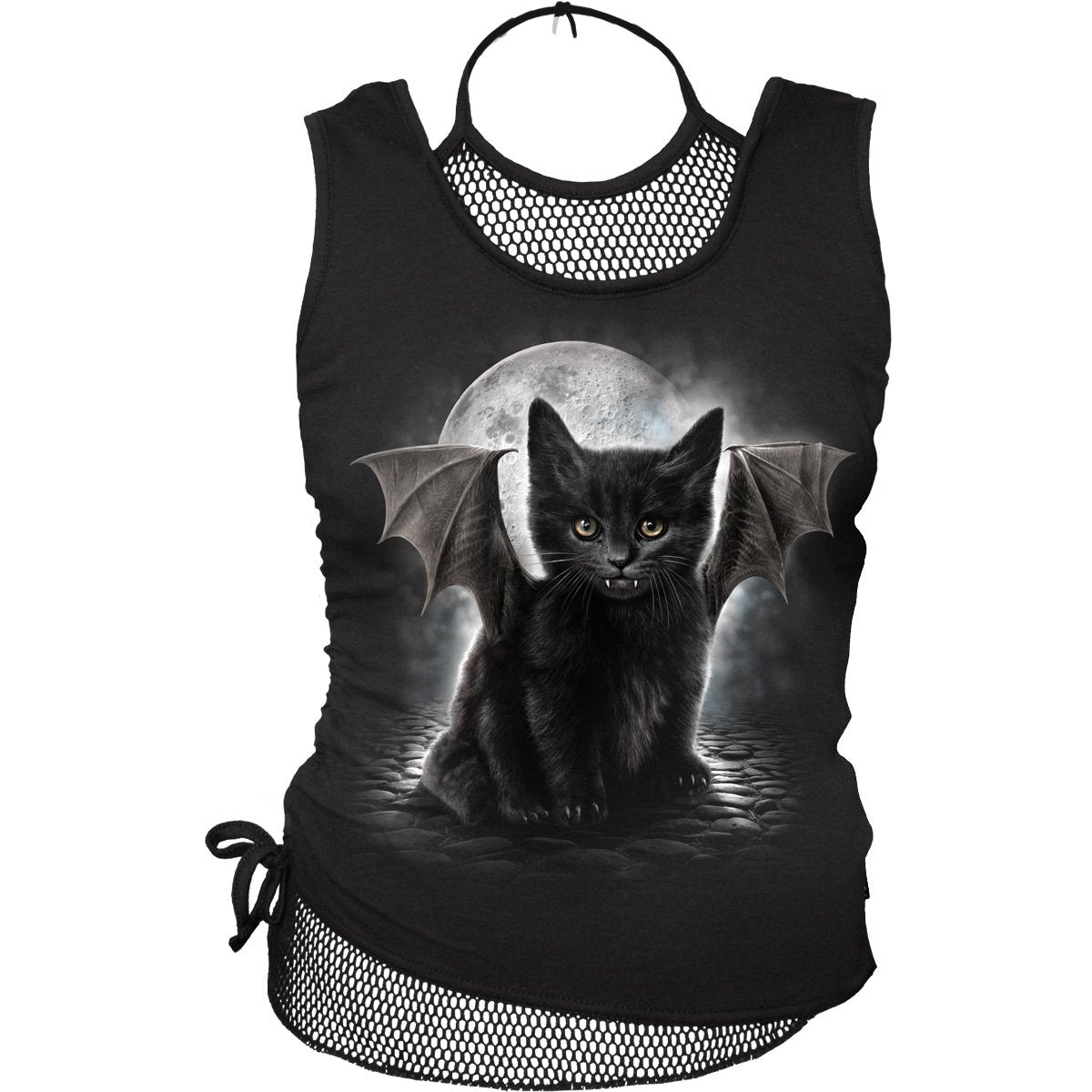 Bat Cat gothic 2in1 Neck Tie Mesh Top in Black by Spiral Clothing 