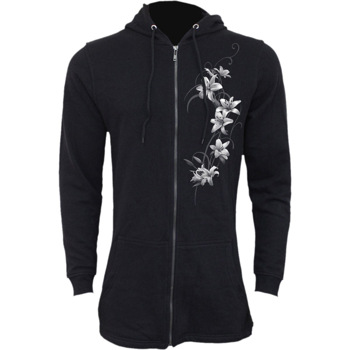 Pure Of Heart gothic Women's Ladies Fish Tail Full Zip Hoody - Zip Sleeve in Black by Spiral Clothing - Front view