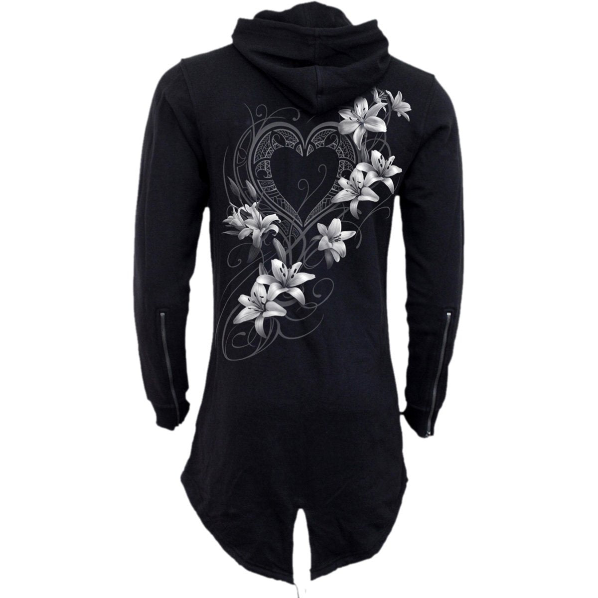 Back view of Pure Of Heart gothic  Ladies Fish Tail Full Zip Hoody - Zip Sleeve in Black by Spiral Clothing