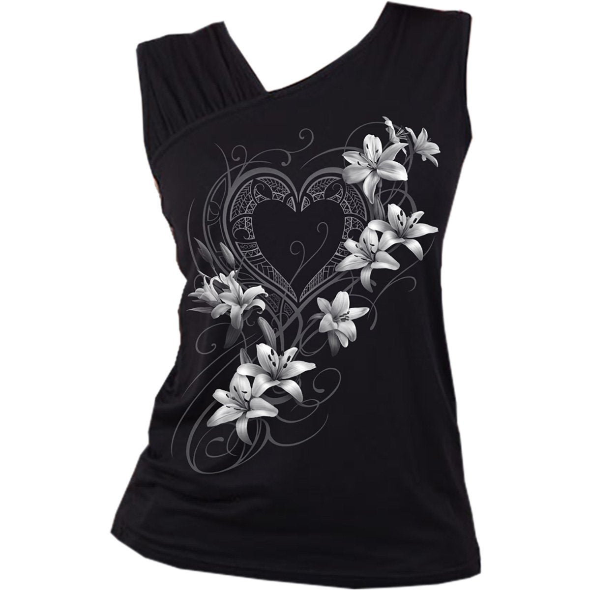 Pure Of Heart gothic Gathered Shoulder Slant Vest in Black by Spiral Clothing - Front view