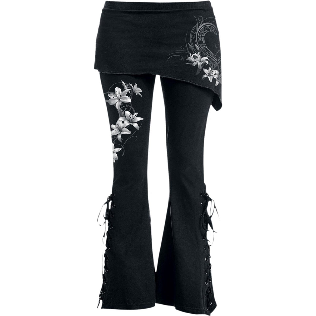 Pure Of Heart gothic Women's 2in1 Boot-Cut Leggings with Micro Slant Skirt in Black by Spiral Clothing - Front view